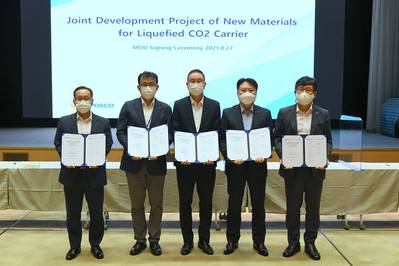 Le protocole d'accord a été signé au POSCO Center à Séoul par des délégations de HMD (Young-Jun Nam, vice-président exécutif), LR (Young-Doo Kim, gestionnaire du GRT pour l'Asie du Nord-Est), KSOE (Sang-Beom Shin, vice-président principal), Registry (Jung Sik Kim, directeur général du bureau de Corée) et POSCO (Sang-Chul Kim, directeur du bureau de marketing de l'énergie et des matériaux de construction navale).  (Photo : Libéria International Ship & Corporate Registry)