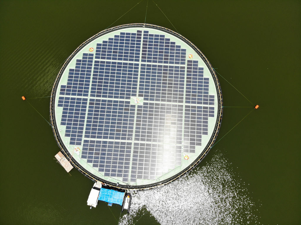 Photo montrant le démonstrateur solaire flottant de 223 kWc sur le barrage de Magat (Avec l'aimable autorisation d'Ocean Sun)