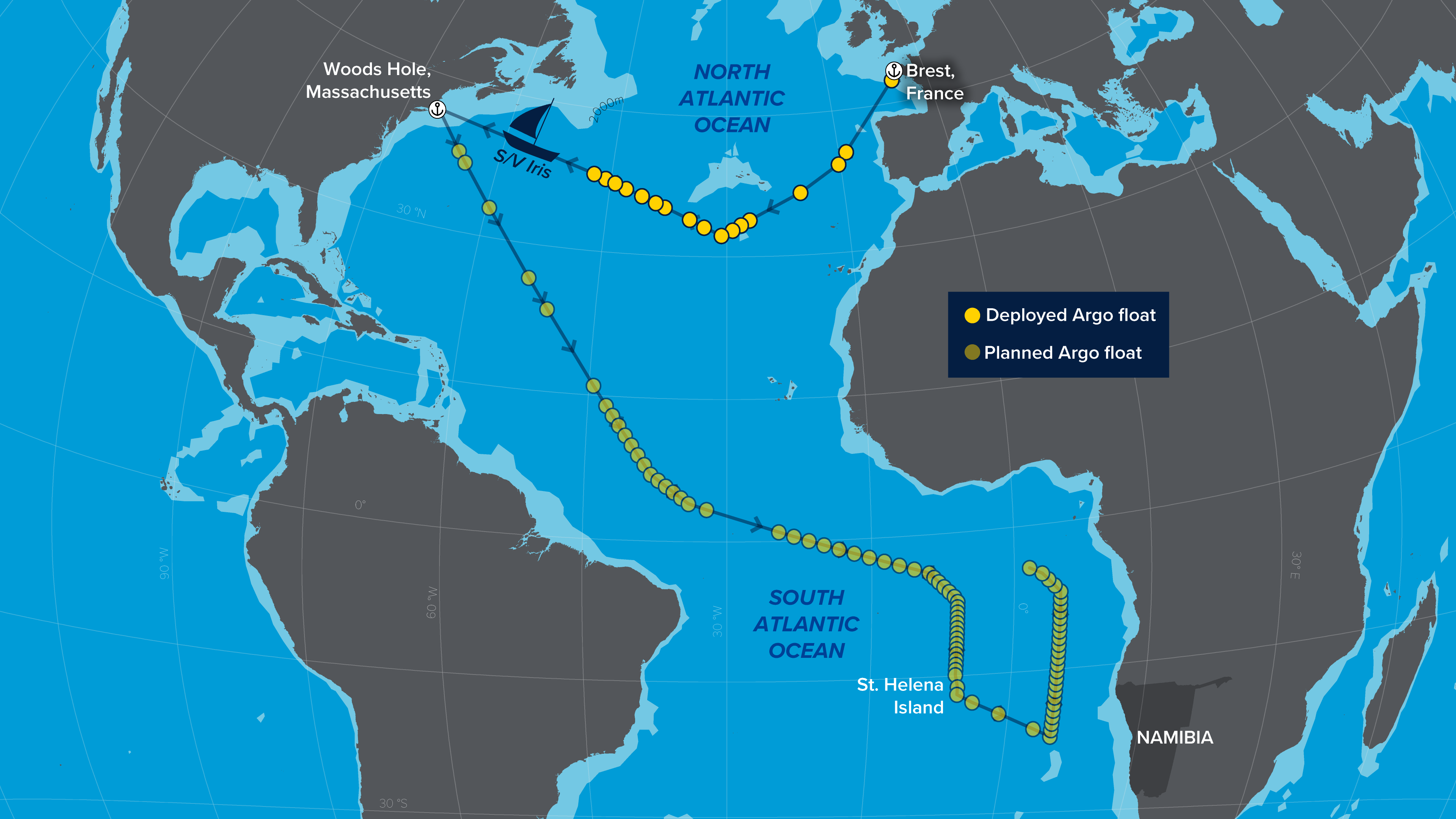 Le voilier français Iris est arrivé à Woods Hole, dans le Massachusetts, après un long voyage de trois semaines à travers l'océan Atlantique où 17 flotteurs Argo ont été déployés à l'appui de la recherche et des prévisions océaniques, météorologiques et climatiques.  À Woods Hole, l'équipage du Blue Observer a récupéré les flotteurs supplémentaires pour la deuxième étape du voyage dans l'Atlantique Sud, en direction de l'île de Sainte-Hélène, au large des côtes de la Namibie.  Au cours de ce qui est l'une des plus grandes missions d'un voilier pour déployer des flotteurs de profilage, le cr