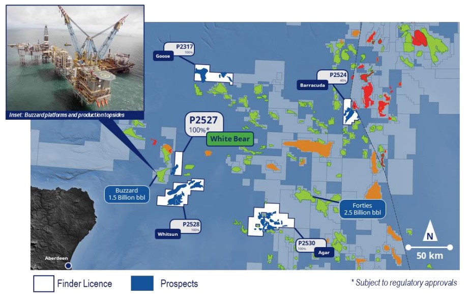 Carte du centre de la mer du Nord montrant l'emplacement de la licence P2527 et la superficie environnante du Finder