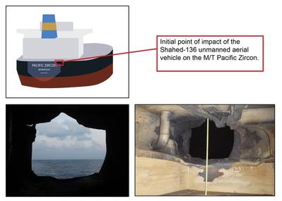Hình ảnh minh họa và hình ảnh được chụp bởi đội xử lý vật liệu nổ của Hải quân Hoa Kỳ trên tàu M/T Pacific Zircon vào ngày 16 tháng 15 cho thấy vị trí mà một phương tiện bay không người lái (UAV) do Iran sản xuất đã xâm nhập vào vỏ ngoài của M/T Pacific Zircon trong quá trình một cuộc tấn công vào ngày 30 tháng XNUMX. Cuộc tấn công một chiều của UAV đã làm thủng một lỗ rộng XNUMX inch ở thân tàu bên ngoài ở mạn phải của đuôi tàu, ngay bên dưới boong chính. (Đồ họa Hải quân Hoa Kỳ)