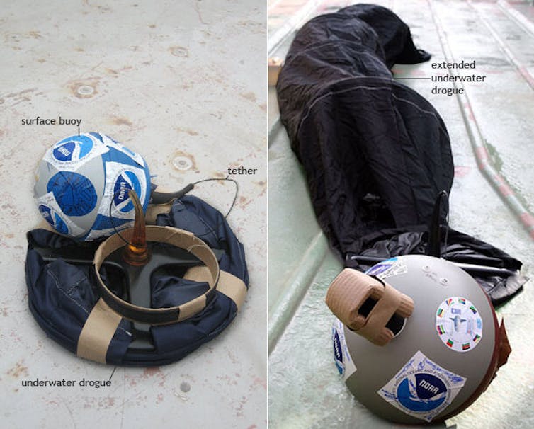 Une sphère de la taille d'un volley-ball avec ce qui ressemble à une manche à air attachée.